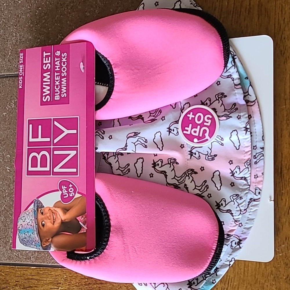 BFNY Girls swim set pink unicorn hat and swim socks